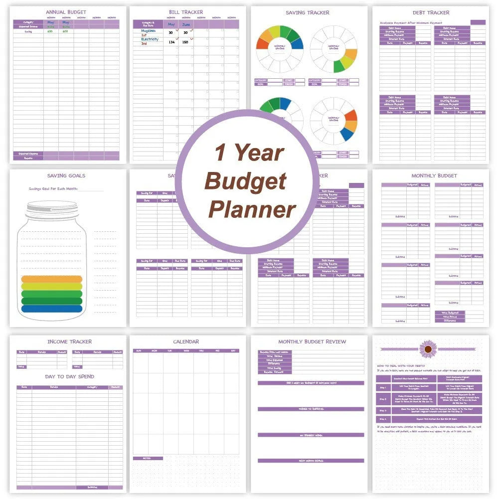Purple coil-bound financial planning notebook with A4 dimensions for monthly budgeting