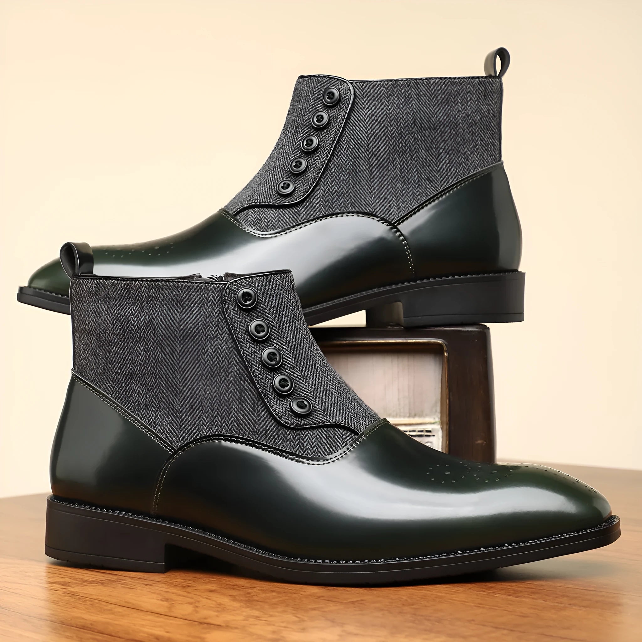 Men's brown and green retro style formal leather shoes with side zipper and square toe.