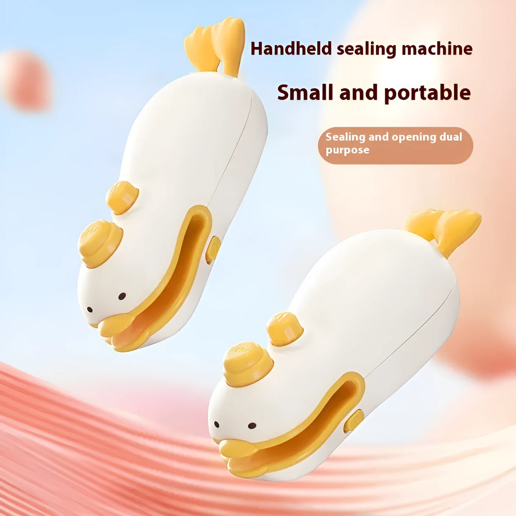 Small yellow duck animal jacquard style rechargeable sealing machine with charging cable.