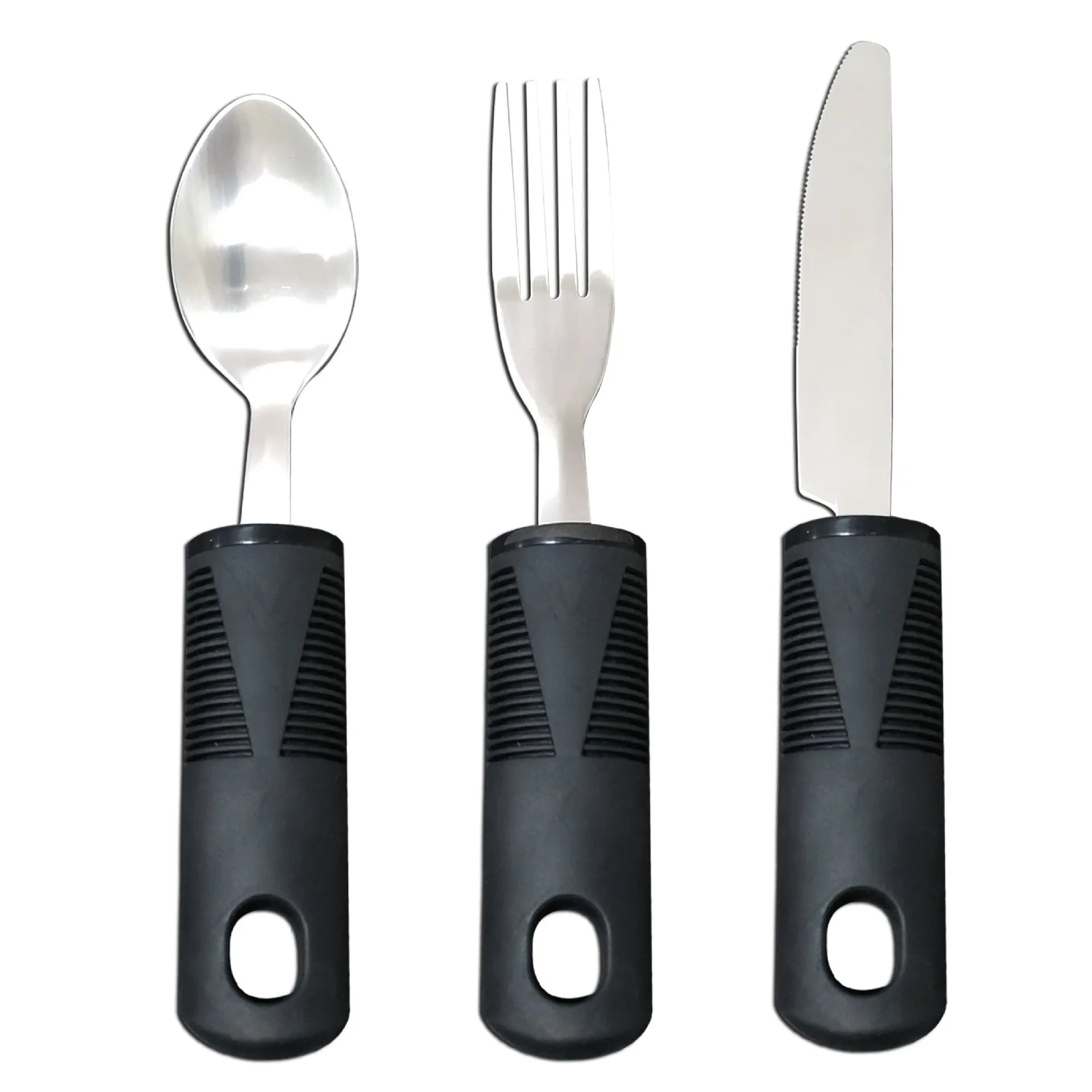 Anti-shake adaptive tableware set with stainless steel utensils and rubber handle grips