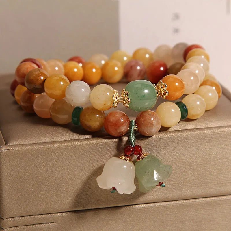 Natural Jinsi Jade multi-layer women's bracelet with orchid pendant charm on adjustable cord