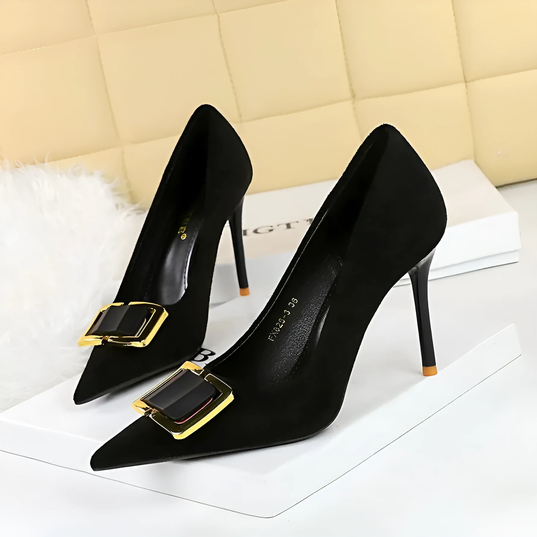 Black suede women's stiletto high heels with 9cm heel and shallow mouth cutout design