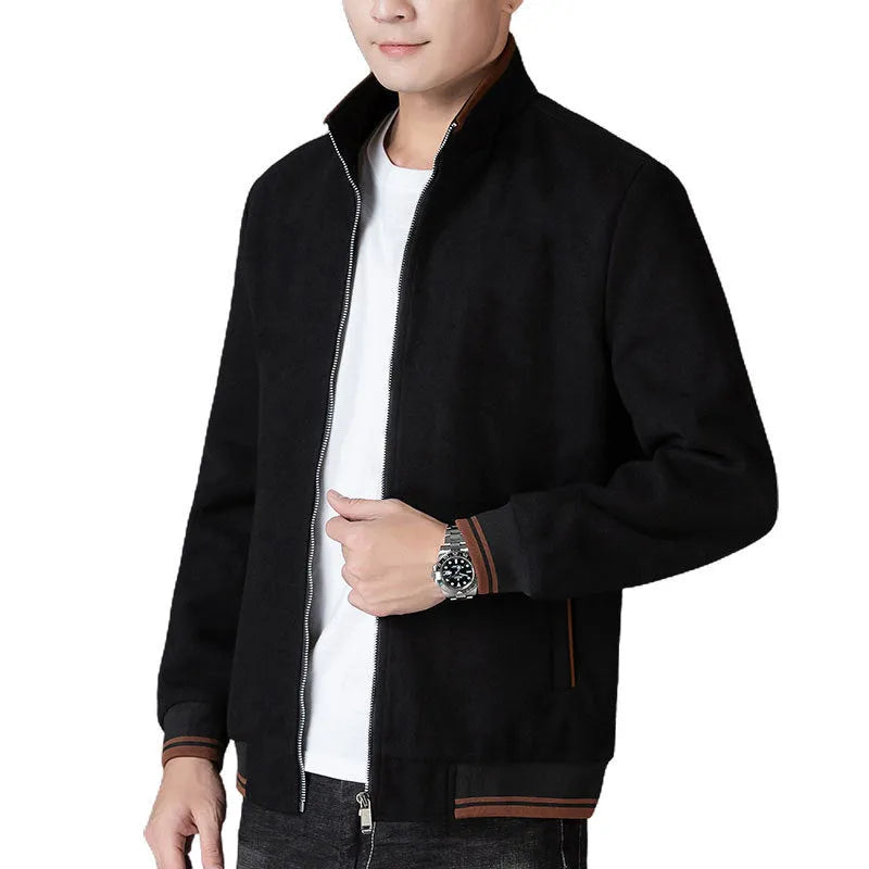 Men's grey sports-style fleece jacket with long sleeves and pockets on a hanger.
