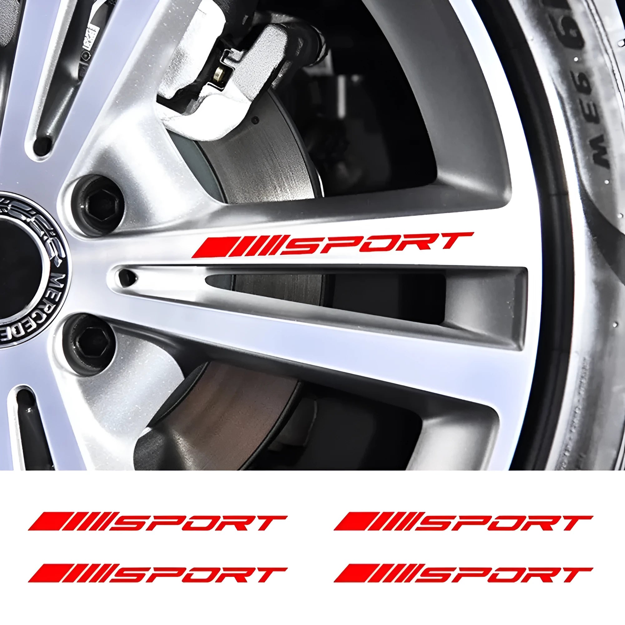 PET car rim stickers in black, red, and white with sports hollow design measuring 10cm by 0.7cm