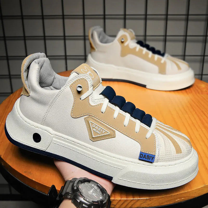 Men's beige low-top casual sneakers with an elastic band and leather stitching detail.