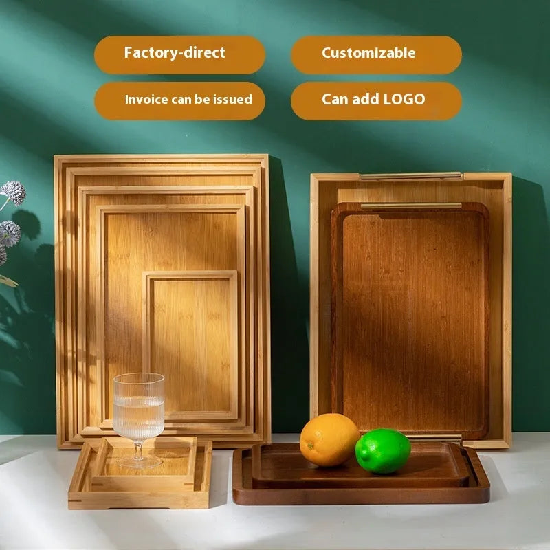 Brown handle bamboo square serving tray on a table, pastoral style solid colour.