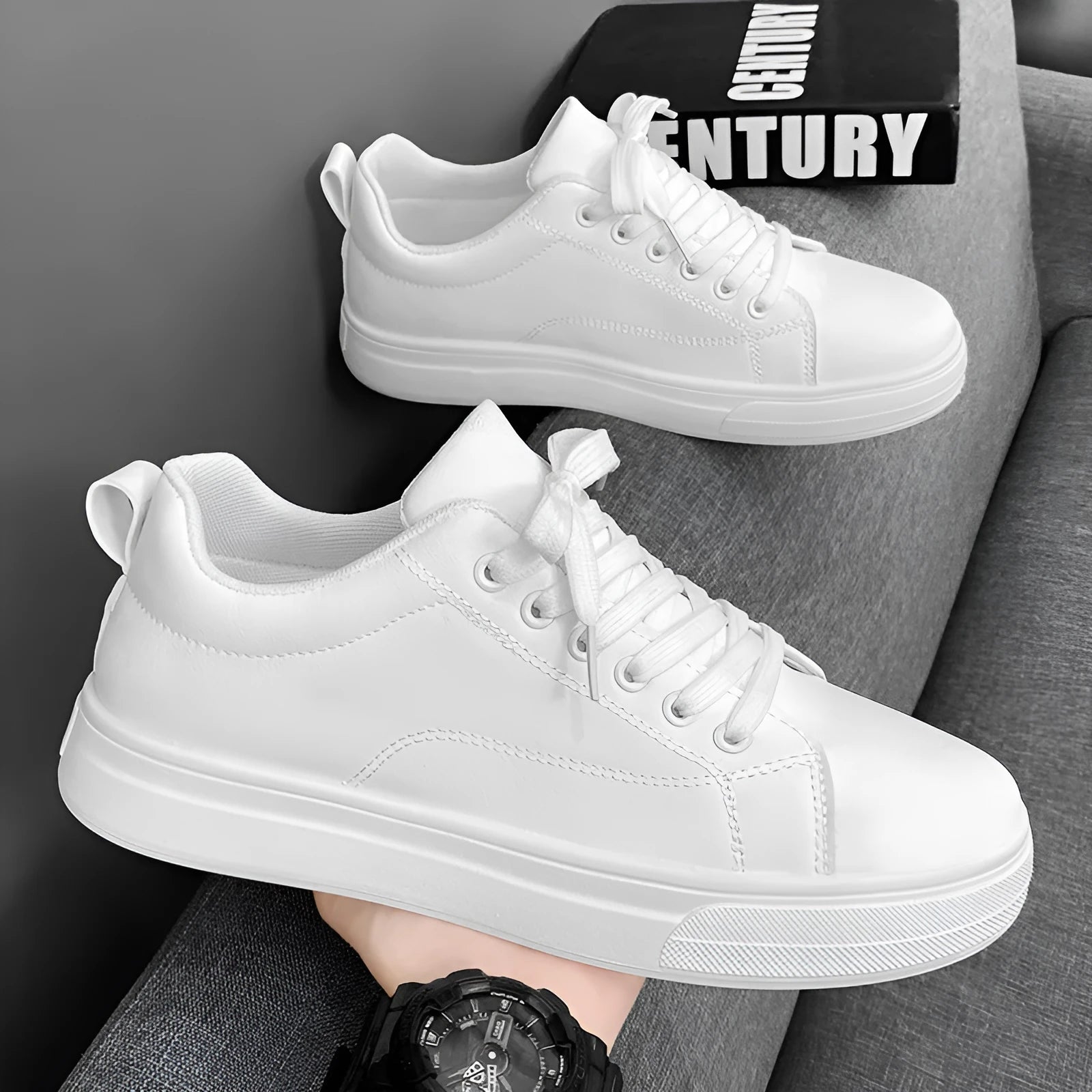 Men's low-top Korean-style sneakers in white, black, and black with white sole colours on a plain background.