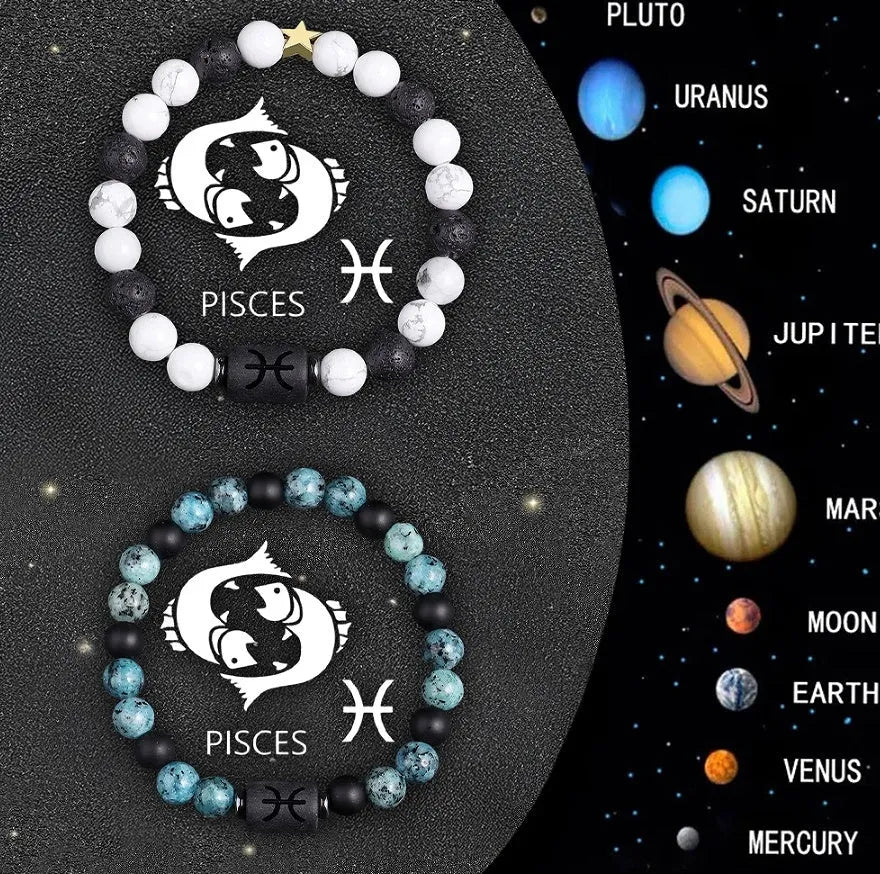 Set of twelve natural stone beaded bracelets, each on a black elastic cord, arranged in a circle representing the zodiac.