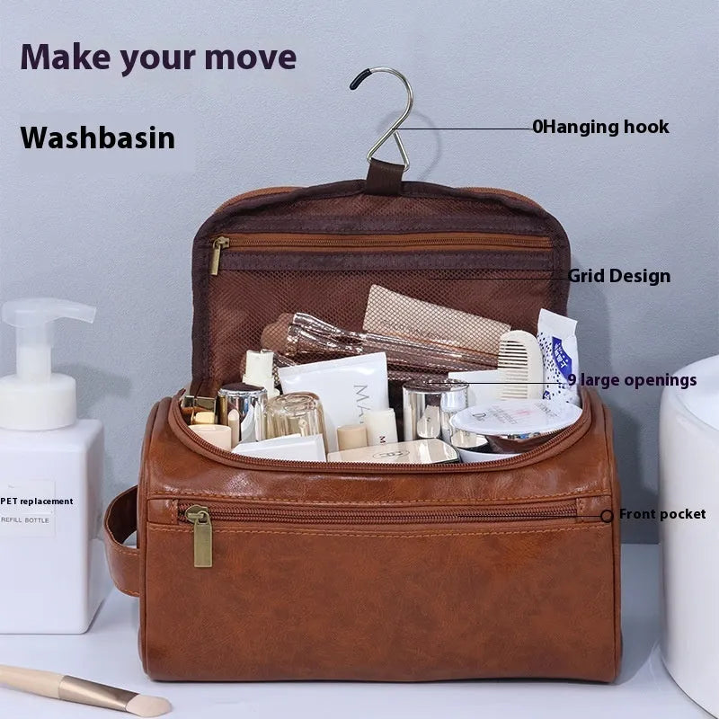 Large waterproof cosmetic bag in retro style, shown in PU leather brown and Oxford cloth navy blue options.