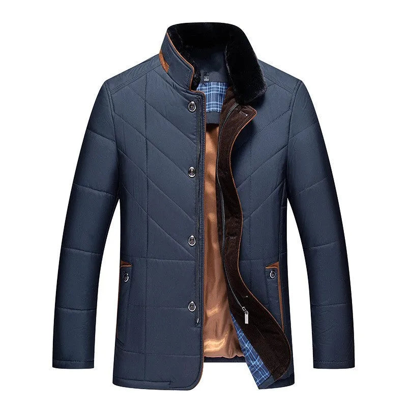 Men's winter short padded coat in dark blue with side seam pockets