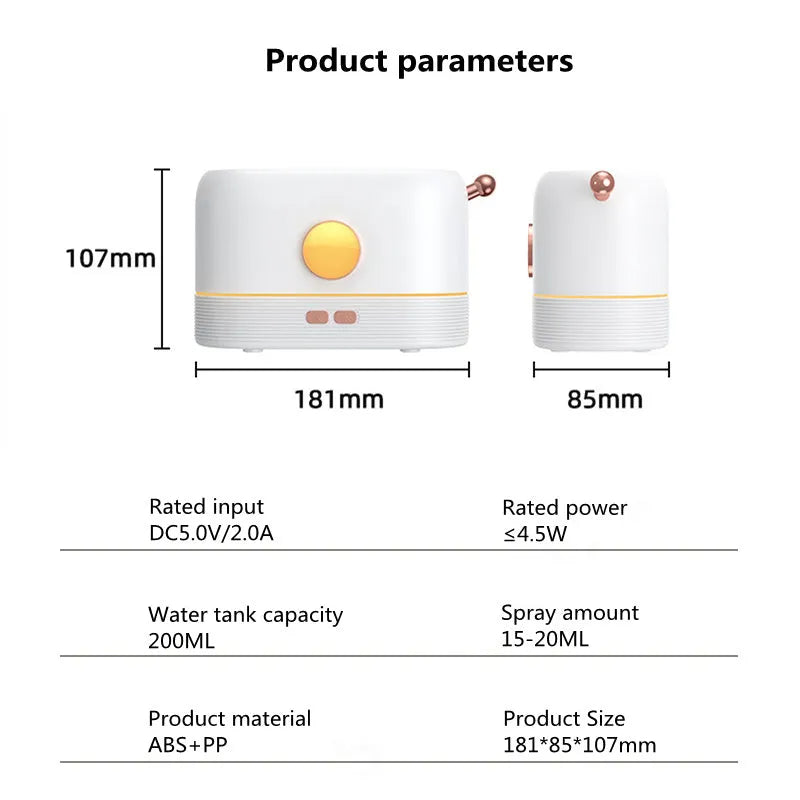 Black USB-powered desktop humidifier with glowing orange flame effect and water vapour mist.