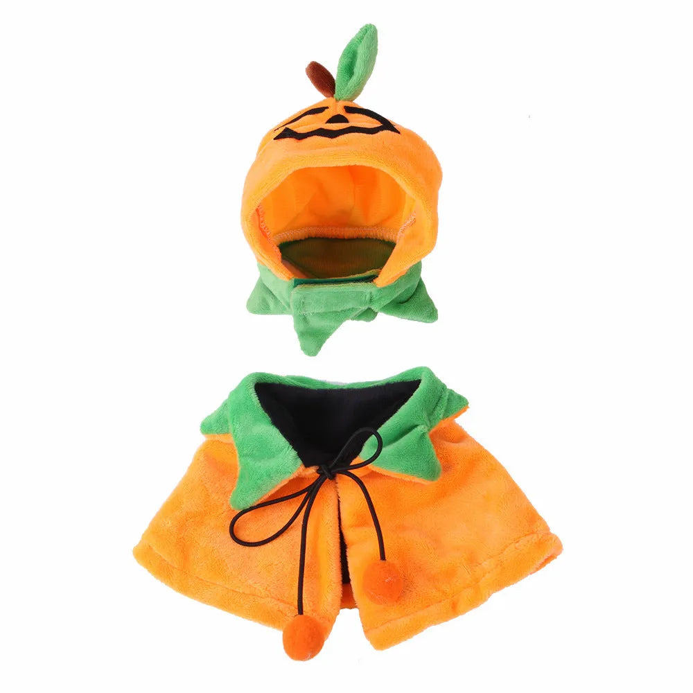Orange plush Halloween cloak costume for a dog or cat, shown in sizes S, M, L.
