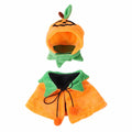 Orange plush Halloween cloak costume for a dog or cat, shown in sizes S, M, L.