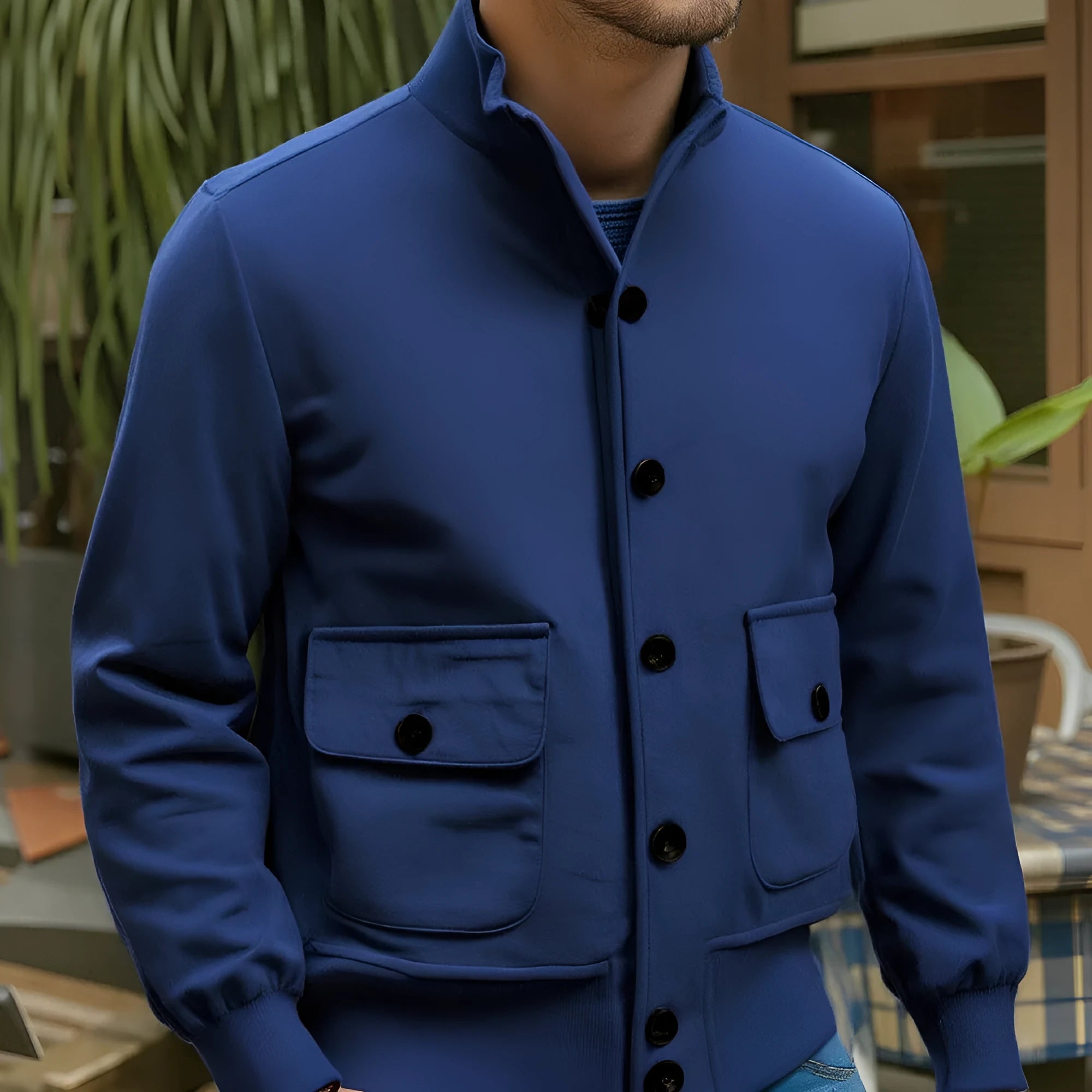 Men's retro spring autumn deerskin velvet jacket in solid colour, casual leisure coat, front view