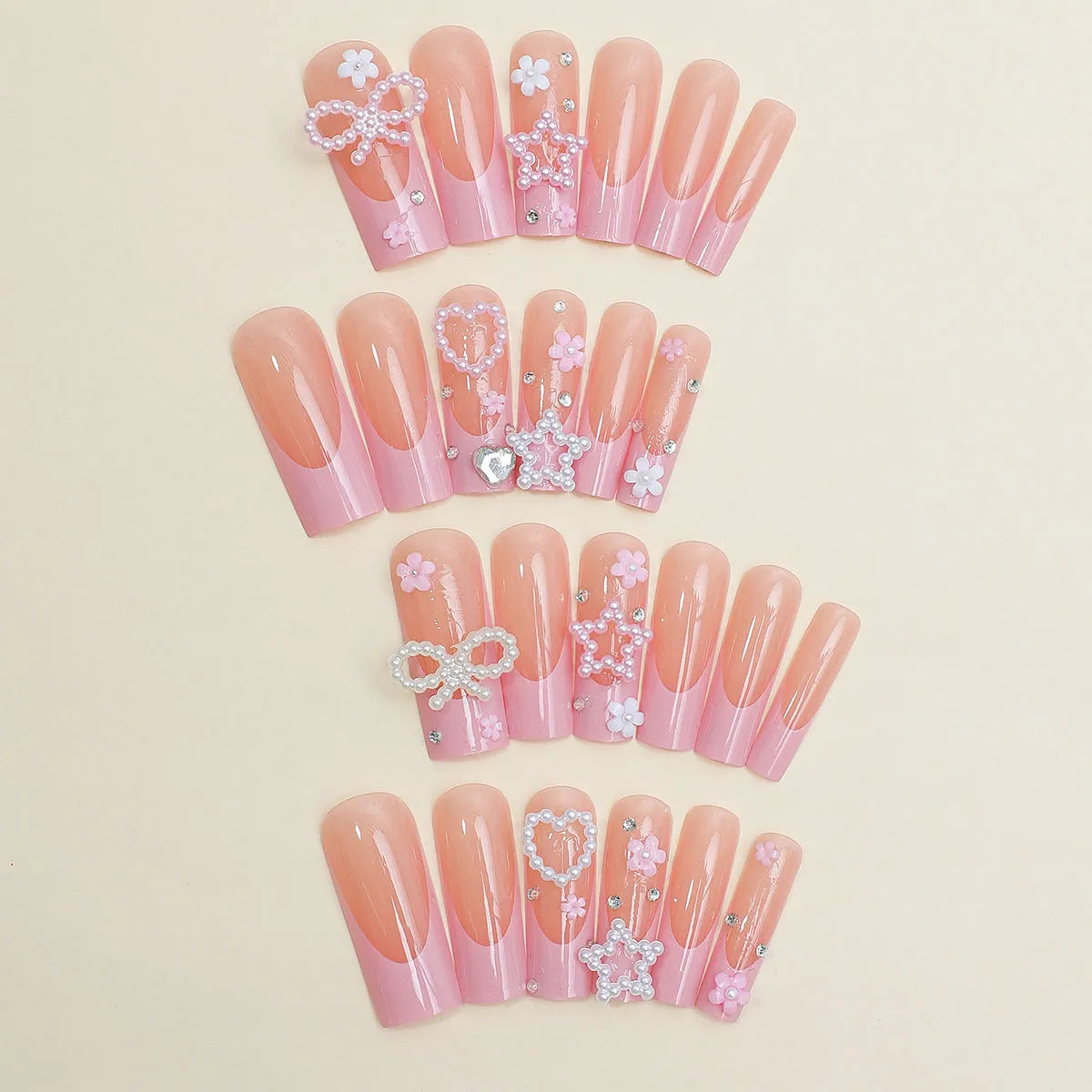 Super Long Water Pipe French Spot Drill Bow false nails with love pattern in XB-70-48 colour