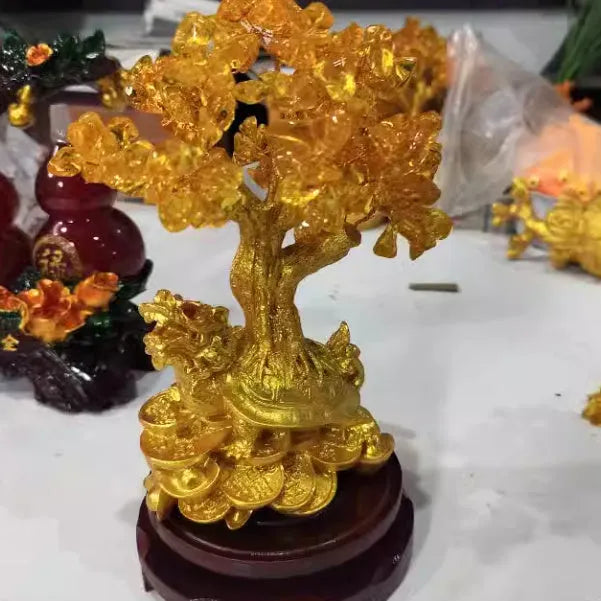 Citrine-coloured resin Feng Shui money tree ornament with small water turtle modelling