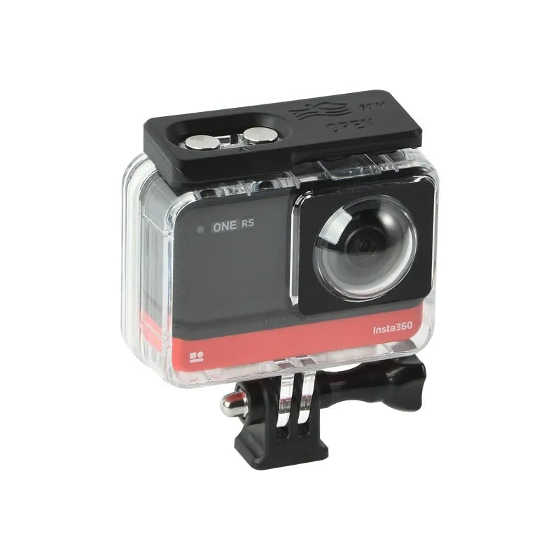 Transparent waterproof housing for Insta360 One RS panoramic camera showing dual-lens protection
