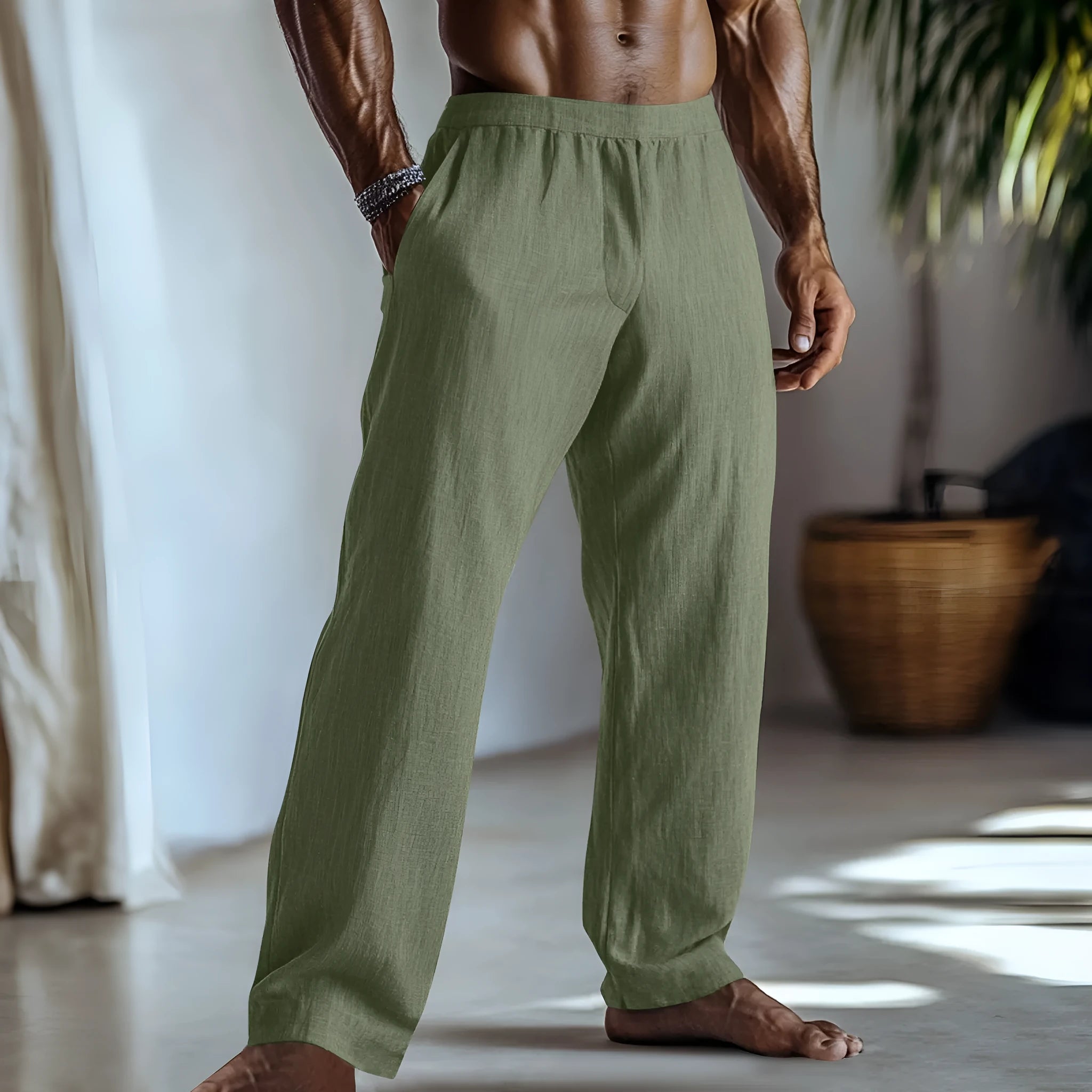 Cotton and linen straight leg casual trousers in a solid colour with side pockets