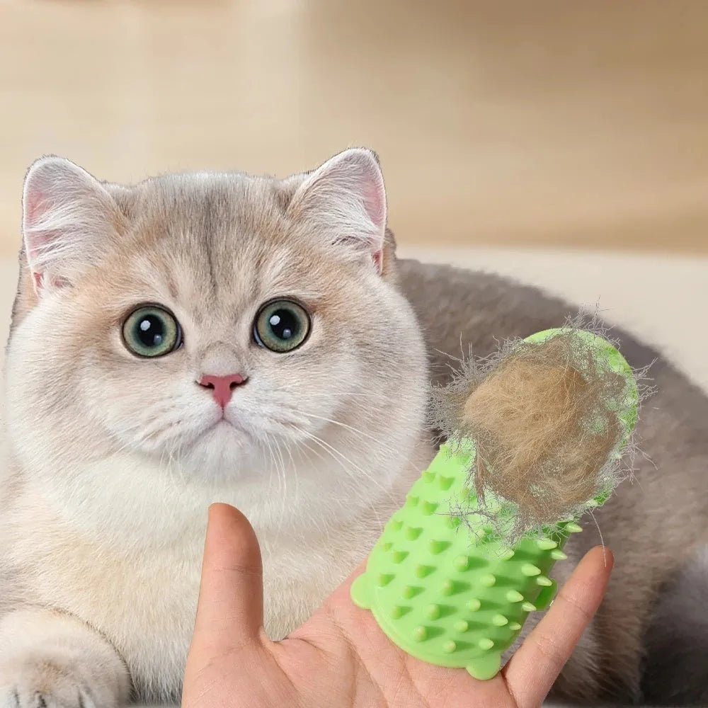 Silicone cat grooming comb with adjustable strap mounted on table leg