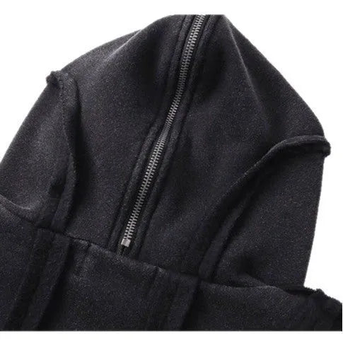 Black loose-fit cotton zip hooded coat with an abstract pattern and light padding.