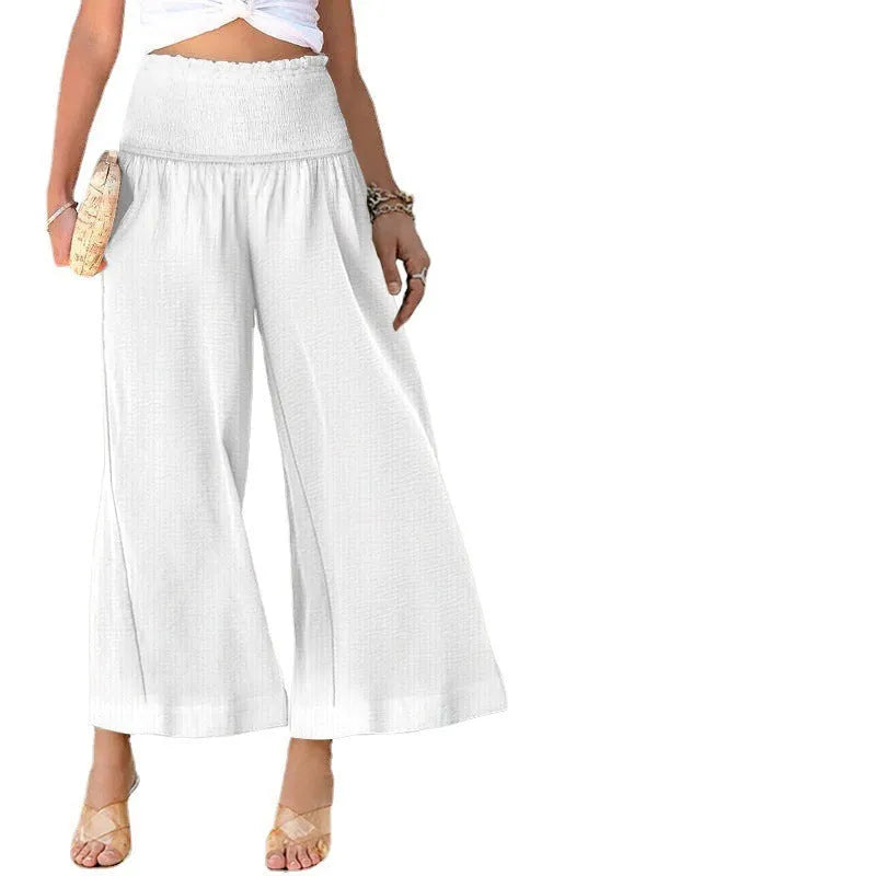 High waist straight leg women's trousers in cotton fabric with cropped length and pleating detail
