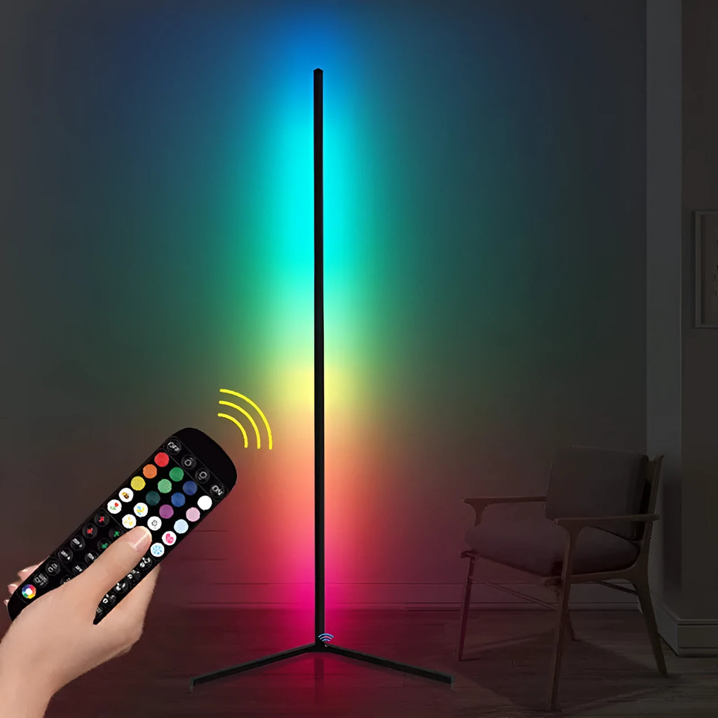 Black aluminium alloy smart floor lamp with silicone shade and remote control for RGBW lighting