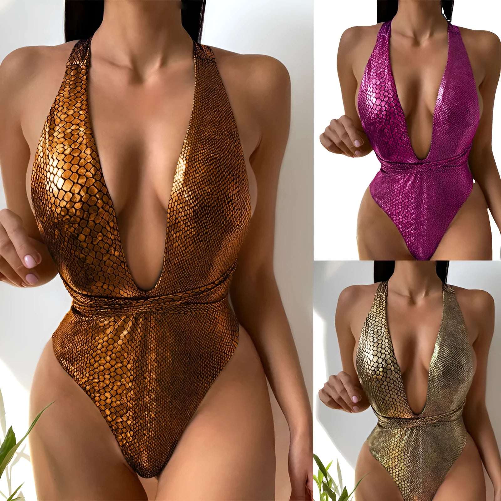 Women's one-piece sequined swimsuit in solid colours with polyester lining
