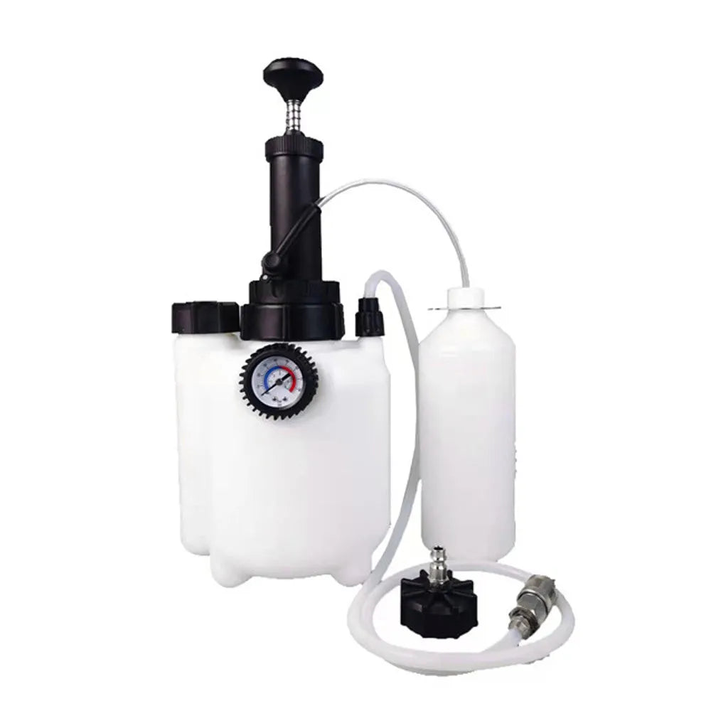 White 3-litre brake oil tank replacement tool with copper, iron and plastic components.