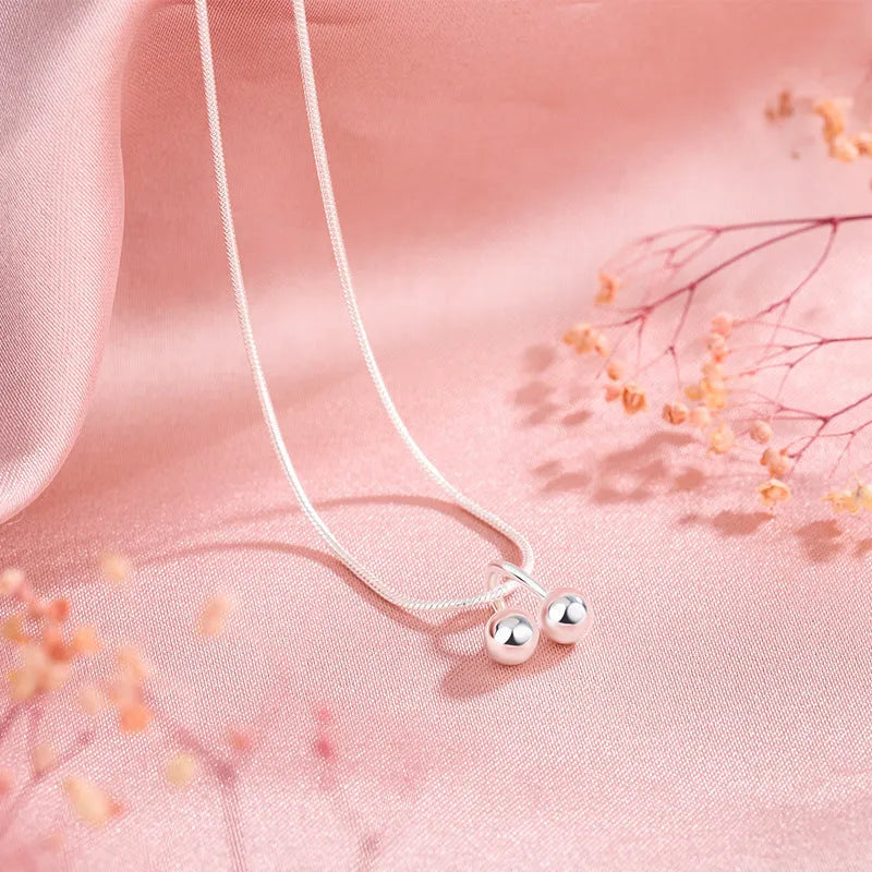 Sterling silver cherry necklace with adjustable snake bone chain, 21-50cm length