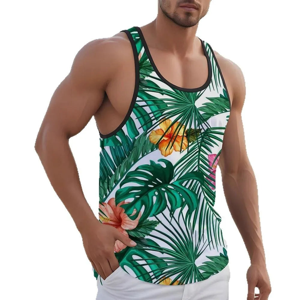 Man wearing a solid-colour 3D printed sleeveless vest in a Hawaiian style.