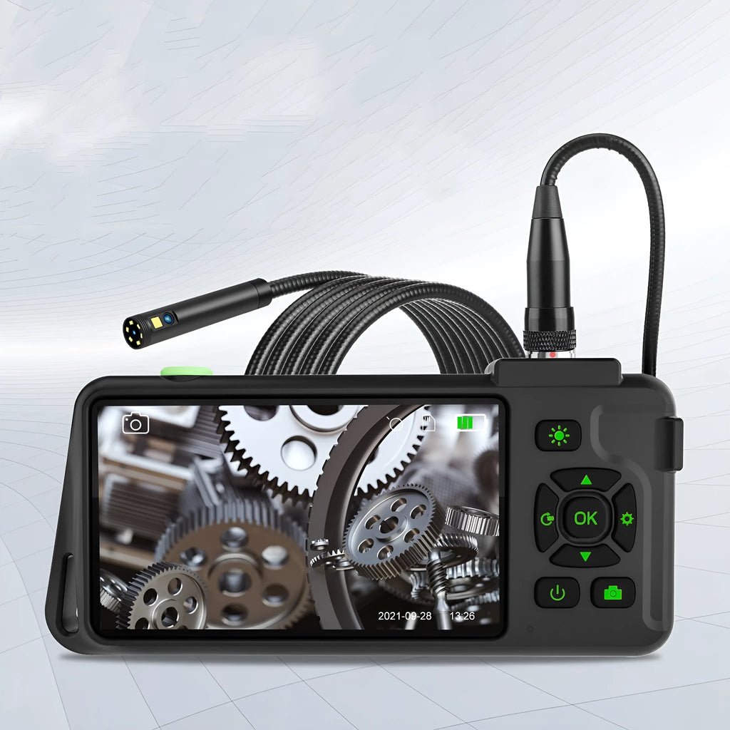 Handheld industrial endoscope with 4.5-inch screen and 1-metre black inspection cable with camera probe.