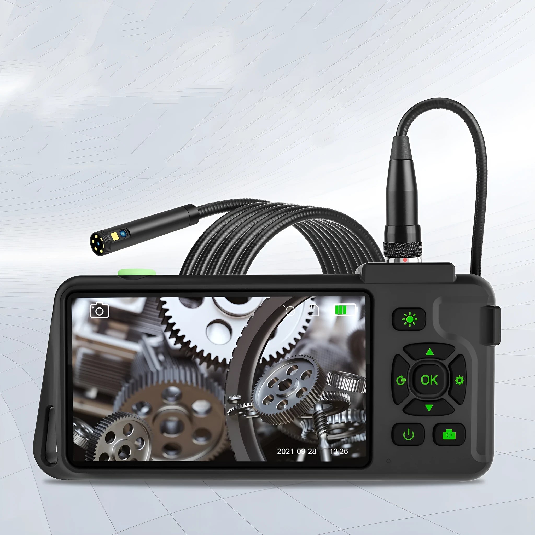Handheld industrial endoscope with 4.5-inch screen and 1-metre black inspection cable with camera probe.