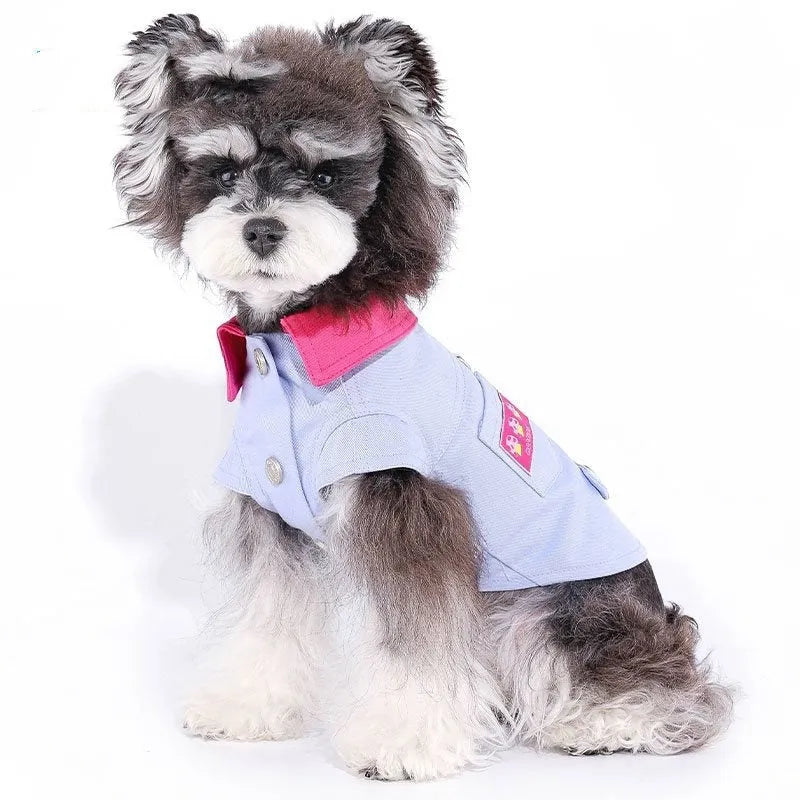 Blue and purple polyester dog vest with traction ring for small dogs