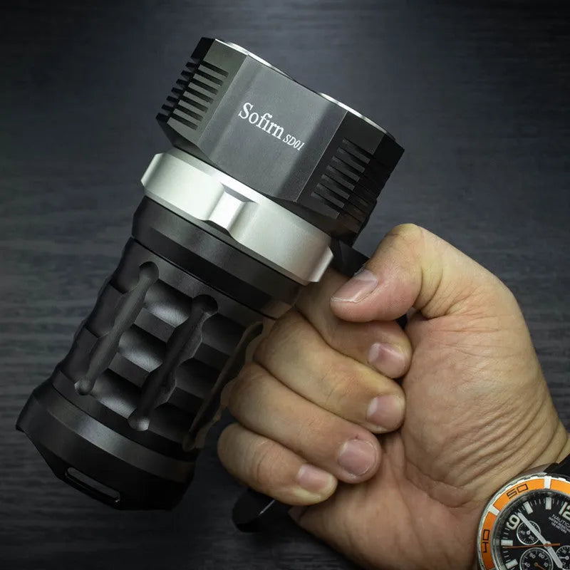Aluminium alloy diving torch flashlight showing 18cm length, with high brightness LED for diving and outdoor use.