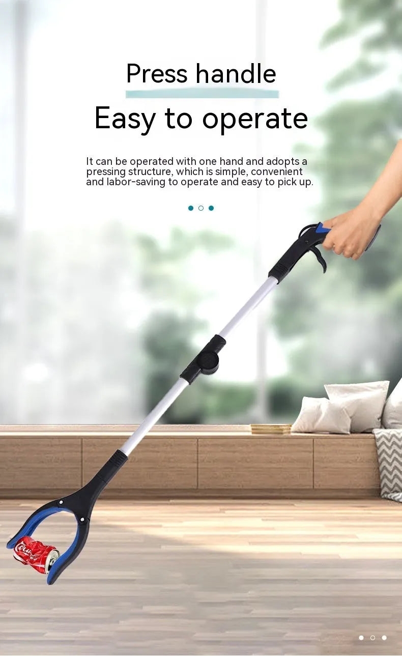 Foldable aluminium rubbish clamp with magnet, shown extended to 80cm and folded to 42cm with blue handle