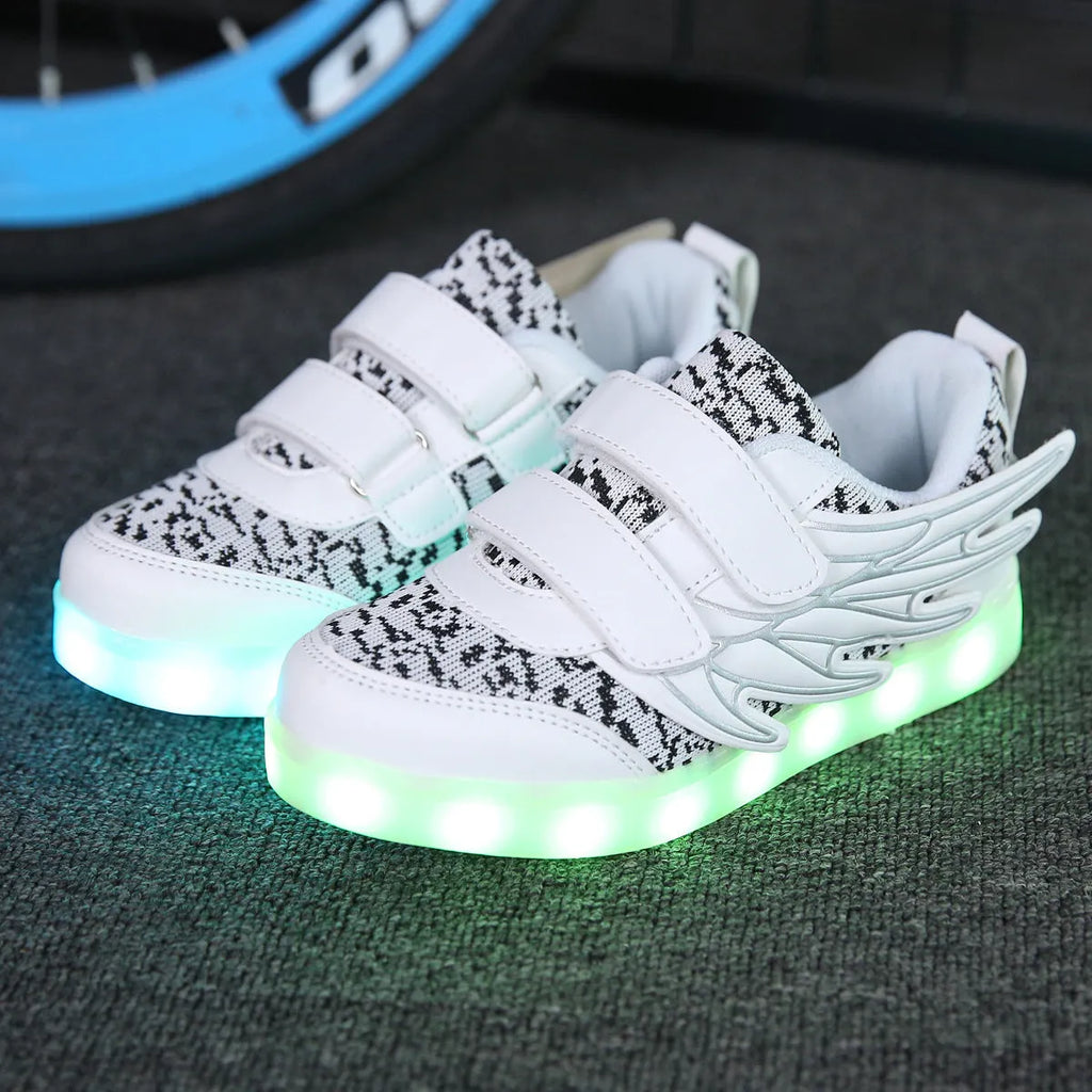 Children's plum red and white LED light up sneakers with USB charging port and colourful illuminated soles
