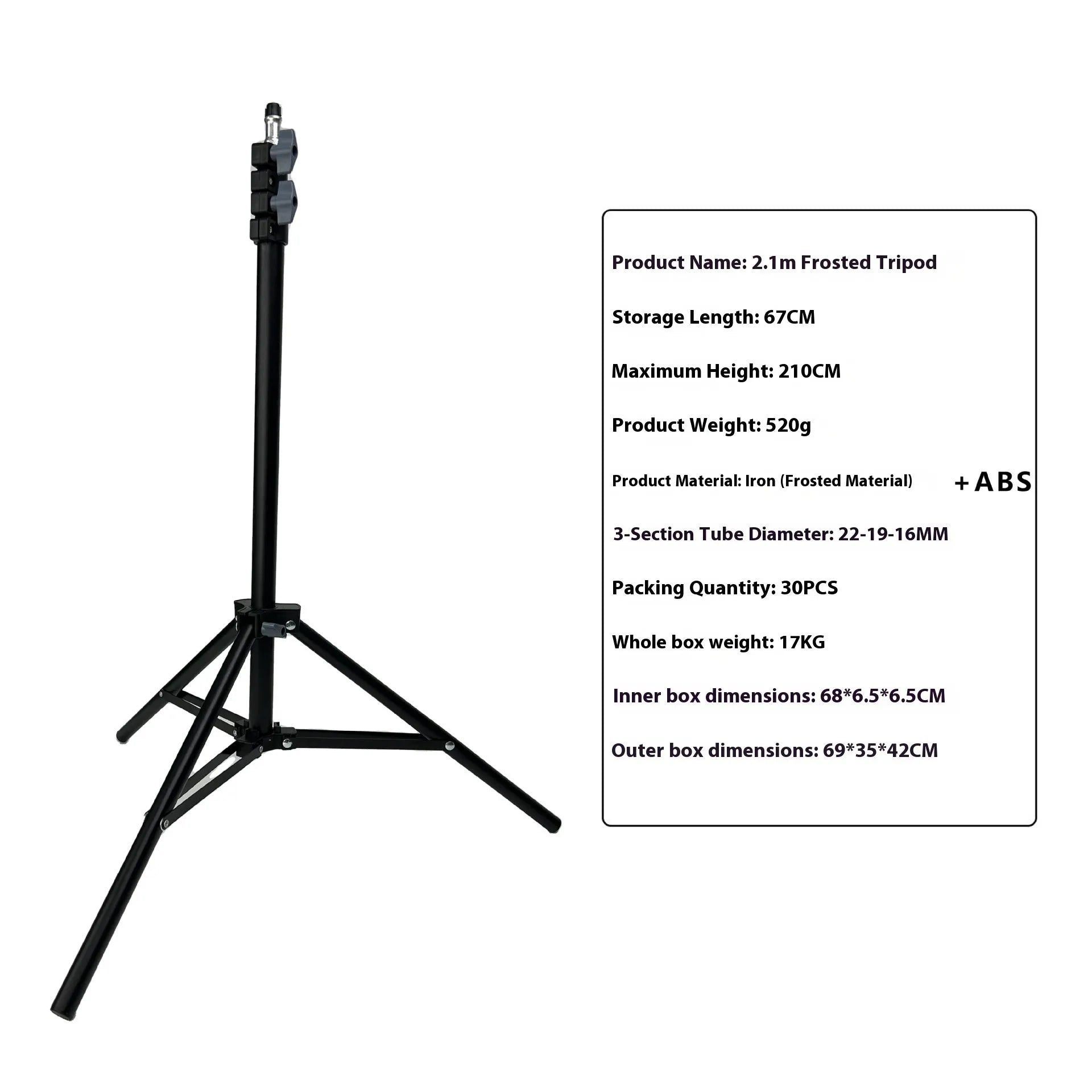 2.1m carbon steel tripod light stand with mobile phone holder for photography