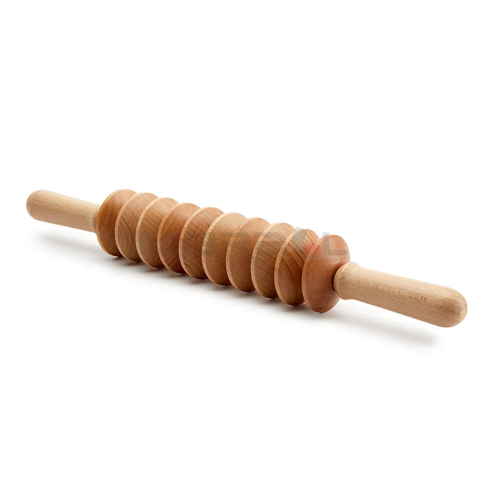 Natural beech wood massage roller set showing straight, curved and T-shaped designs