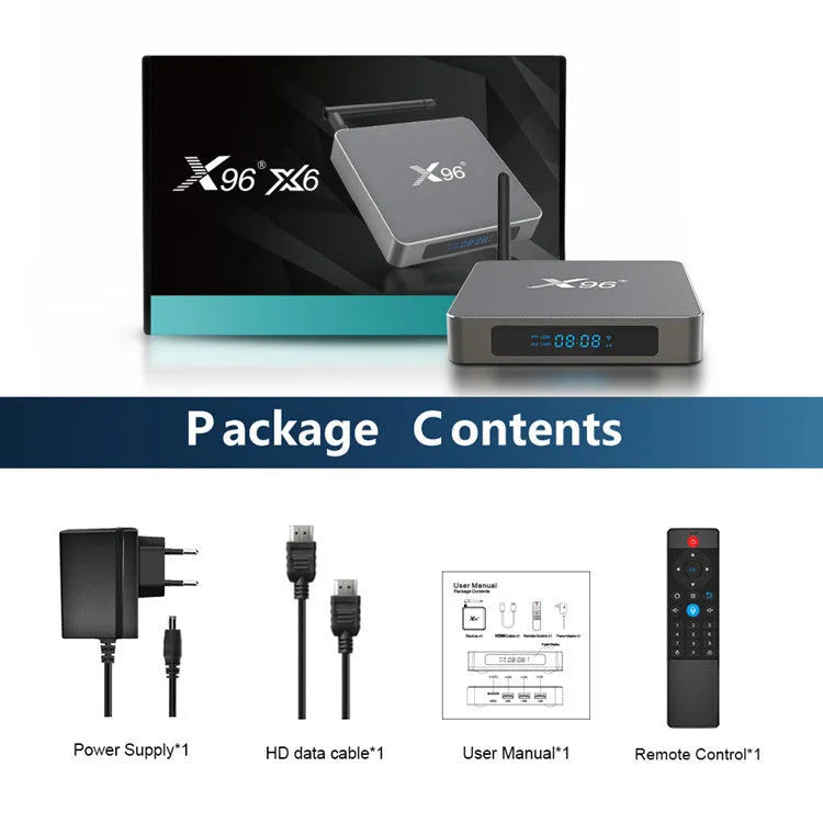 RK3566 Android smart TV set-top box with remote control and HDMI cable on a table