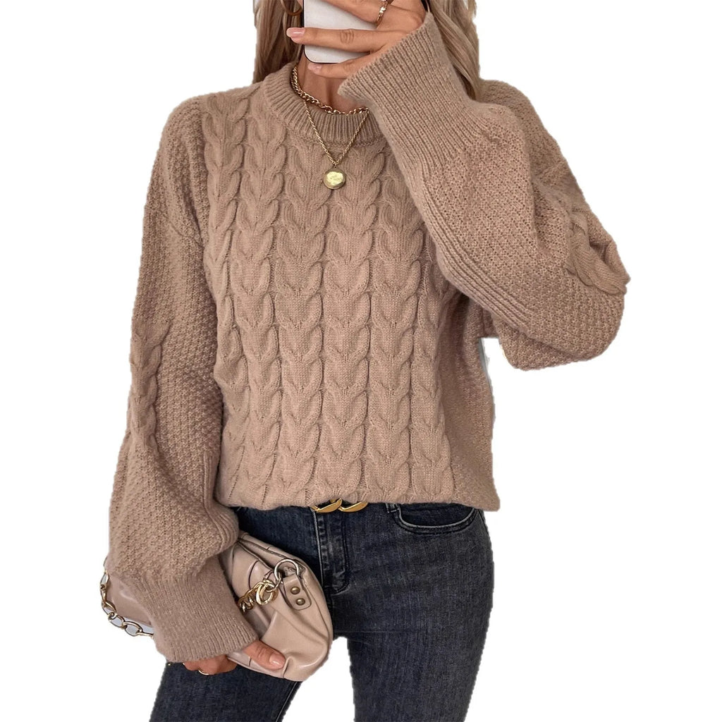 Women's loose casual pullover sweater in solid khaki colour with round neck and regular sleeves