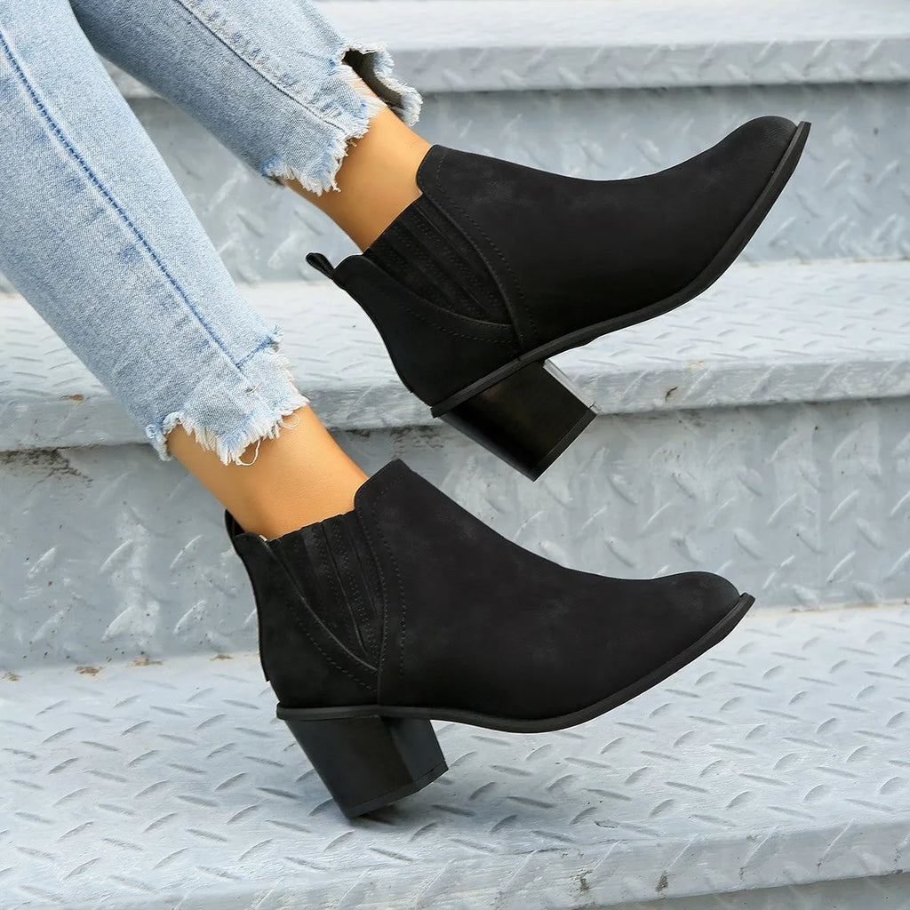 Women's black pointed toe ankle boots with thick square heel in artificial PU material