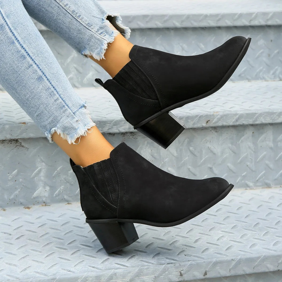 Women's black pointed toe ankle boots with thick square heel in artificial PU material