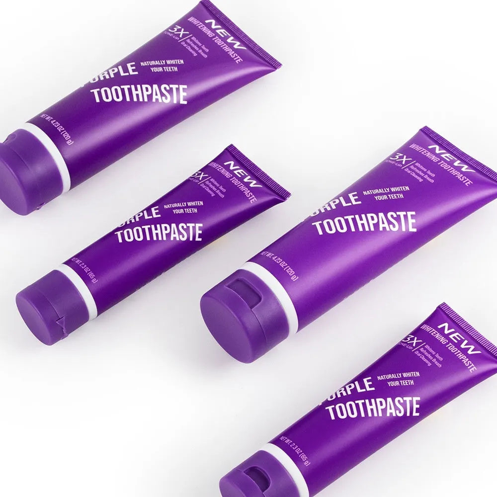 Purple whitening toothpaste tube for adults to remove yellow tooth stains