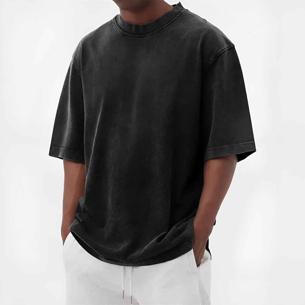 Men's stone washed distressed t-shirt in loose fit with half sleeves available in multiple colours