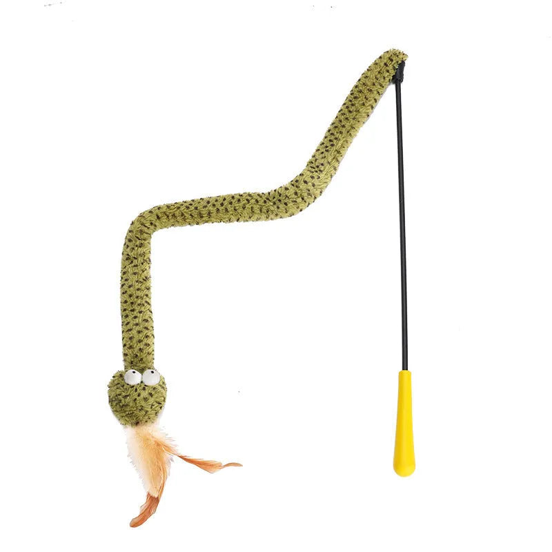 Green cat teasing stick with colourful feathers on 140cm pole for interactive cat play
