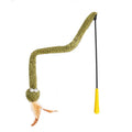 Green cat teasing stick with colourful feathers on 140cm pole for interactive cat play