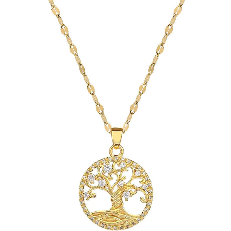 Gold-plated adjustable necklace with micro-inlaid rhinestone zircon lucky tree tree pendant