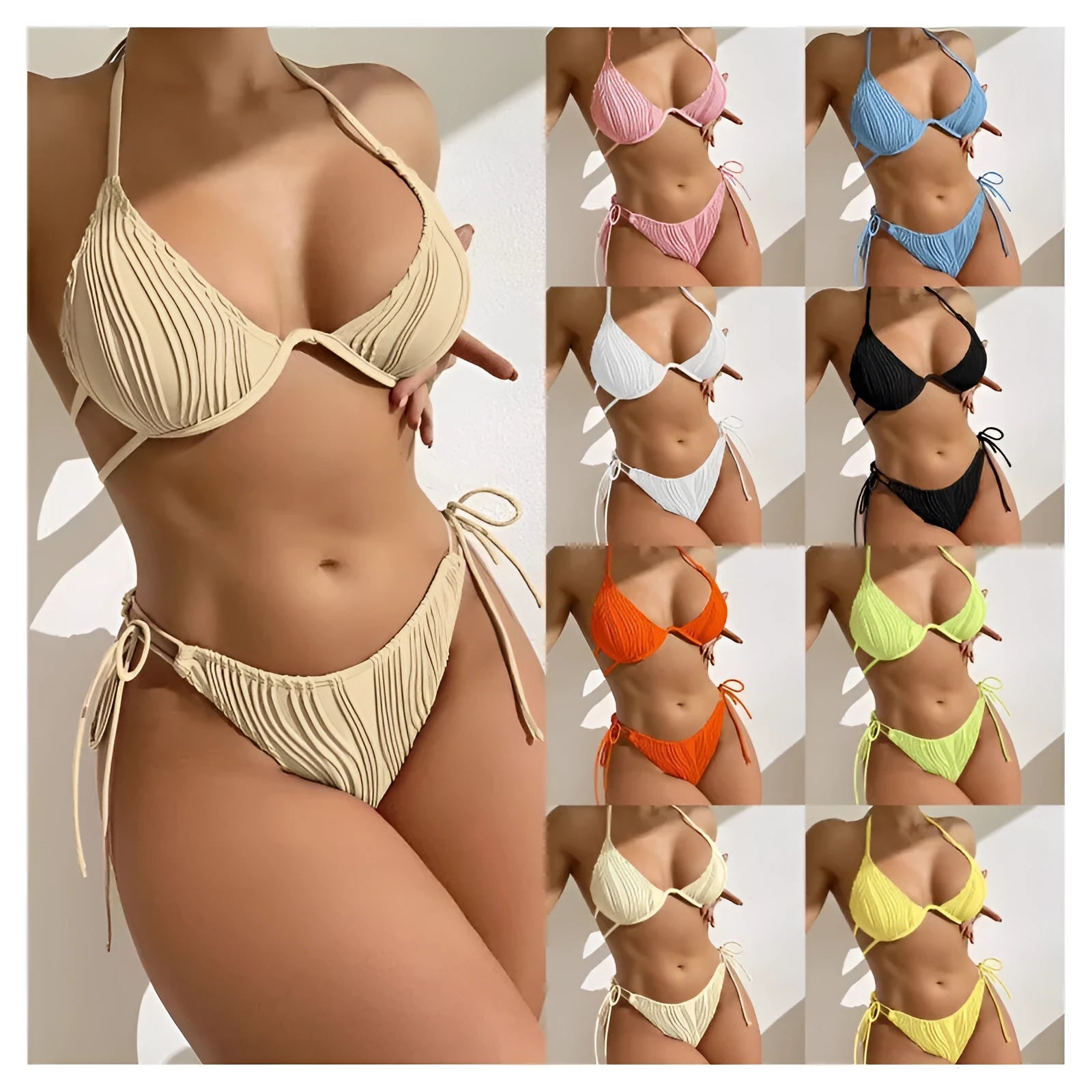 Women's steel bracket bikini swimsuit in polyester fabric with split triangle design