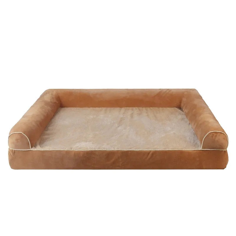 Square cloth-covered sponge dog bed in beige colour, shown in a medium size.