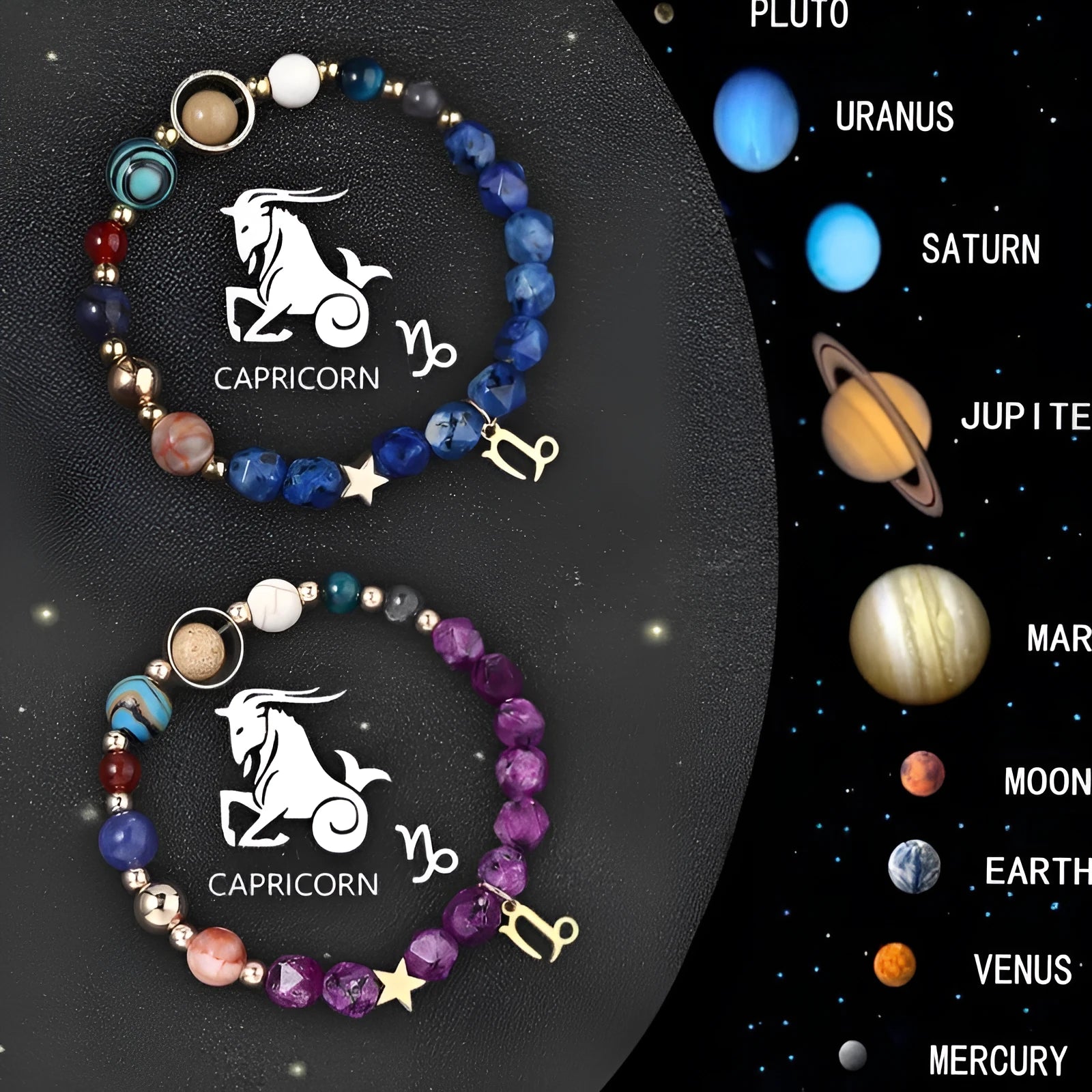 Set of two natural stone beaded bracelets with zodiac sign charms on a grey background.